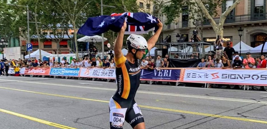 Daniel Greig celebrating Australia's first Gold Medal at the 2019 World Roller Games